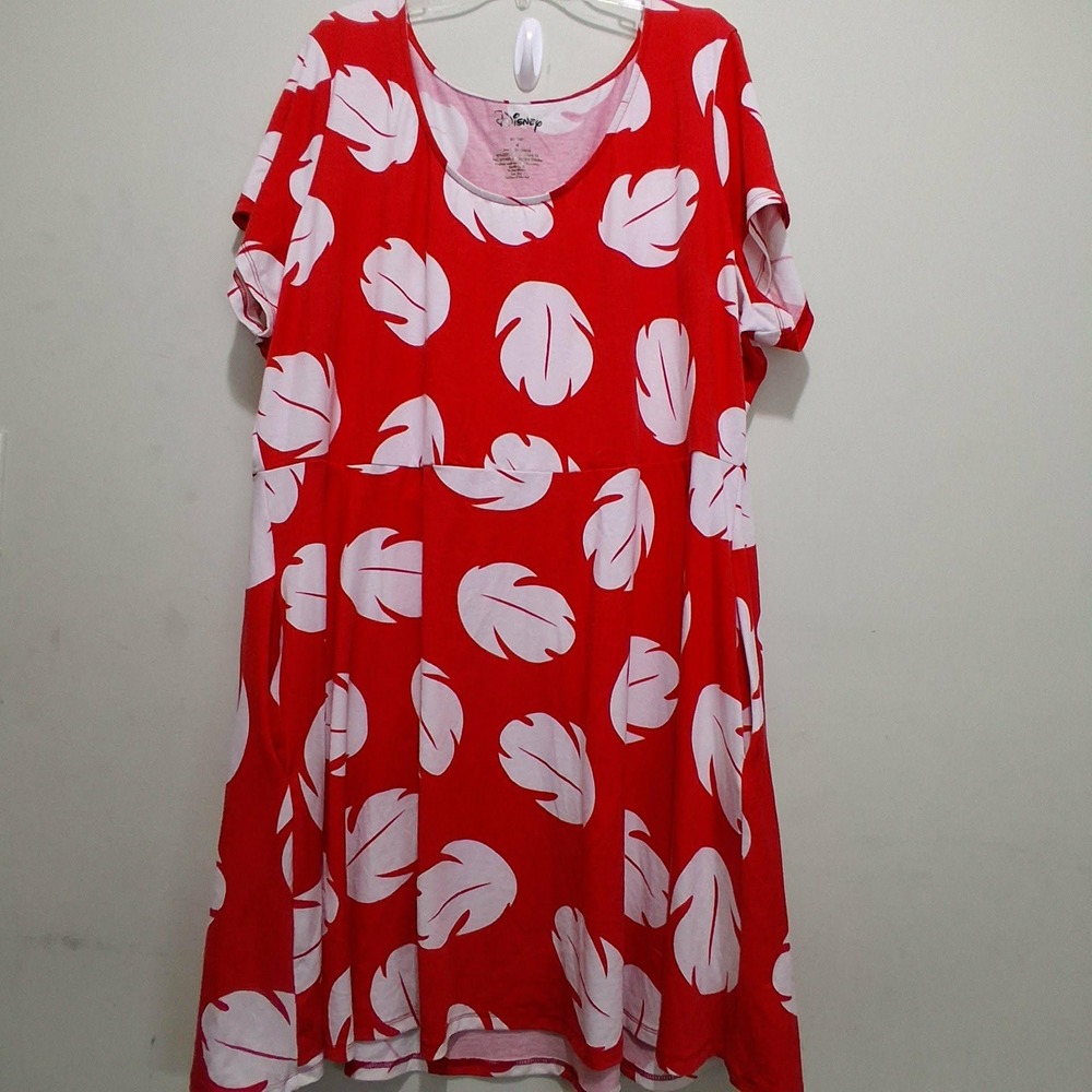 Disney Lilo & Stitch Red White Leaf Print Pocket Skater Dress Plus Size 4
